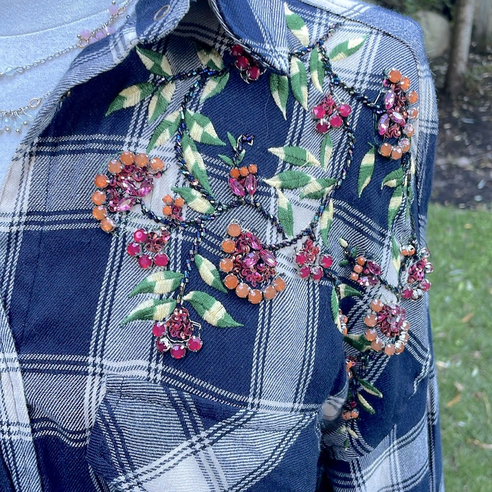 ZARA BASIC DENIM EMBELLISHED BLUE PLAID LONG SLEEVE TOP -XS ππ€© - Picture 3 of 12